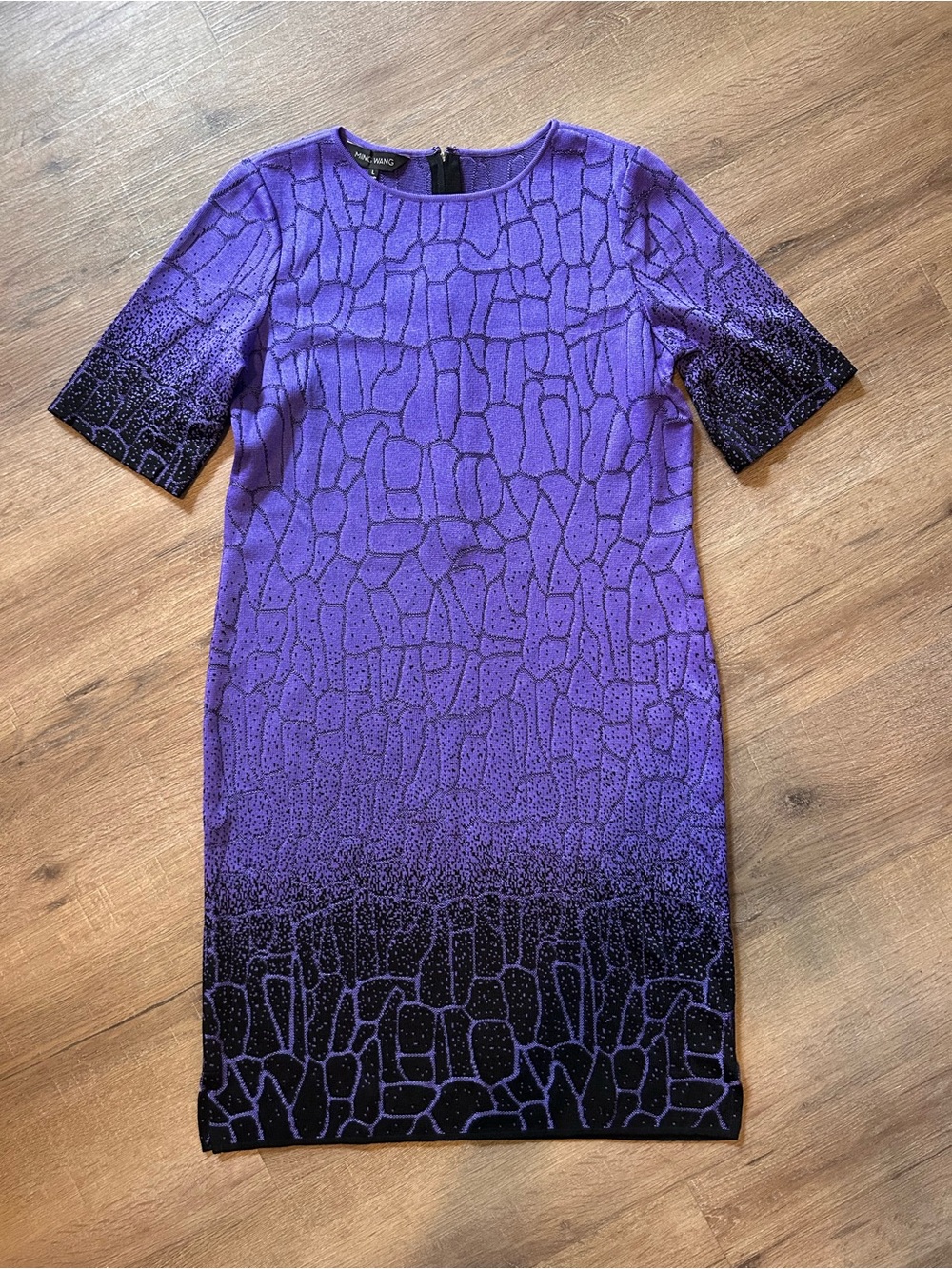 Ming Wang Dress Womens Size L Purple Black Textured Sheath 3/4 Sleeve Knee